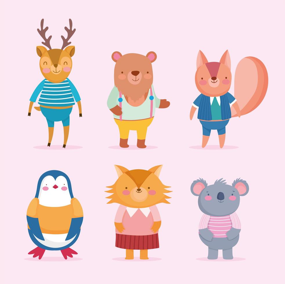 schattig aangeklede dieren set vector