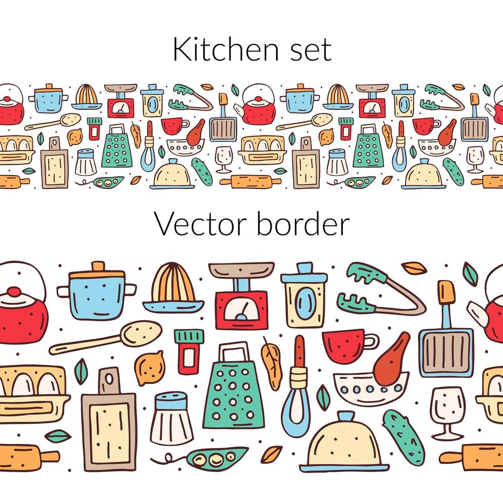 hand getekende kleurrijke keukenelementen naadloze grens vector
