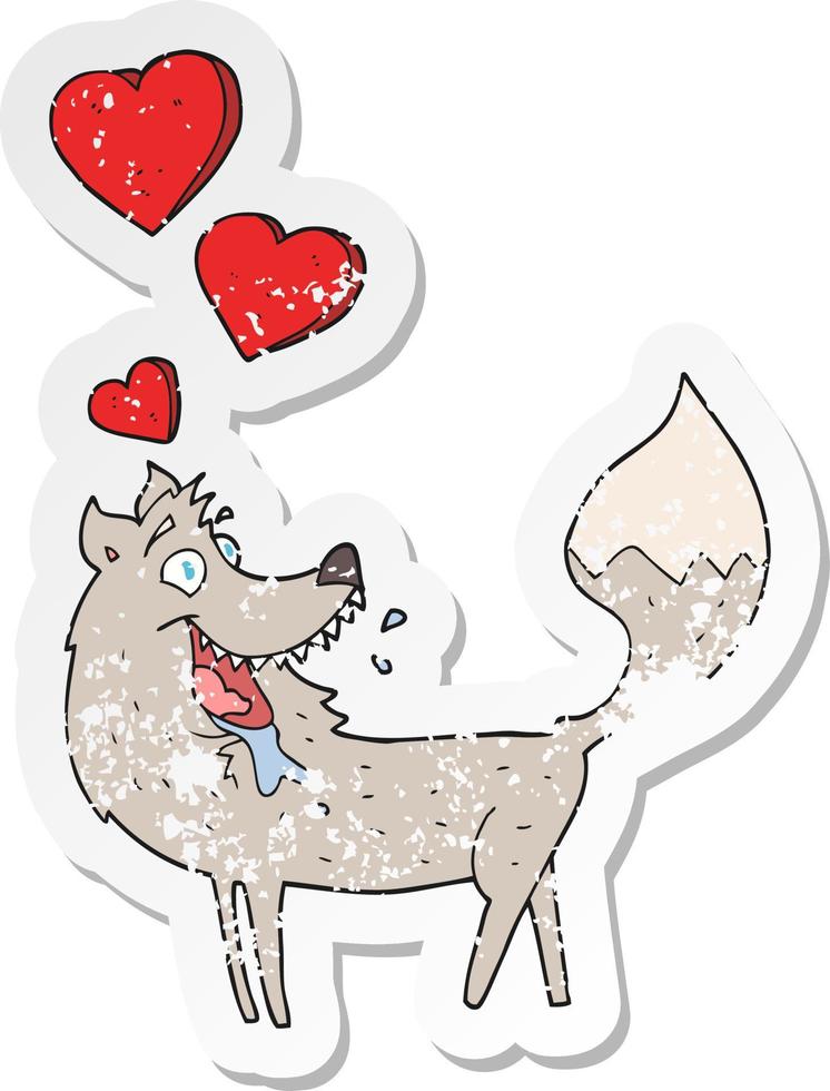 retro verontrust sticker van een tekenfilm wolf in liefde vector