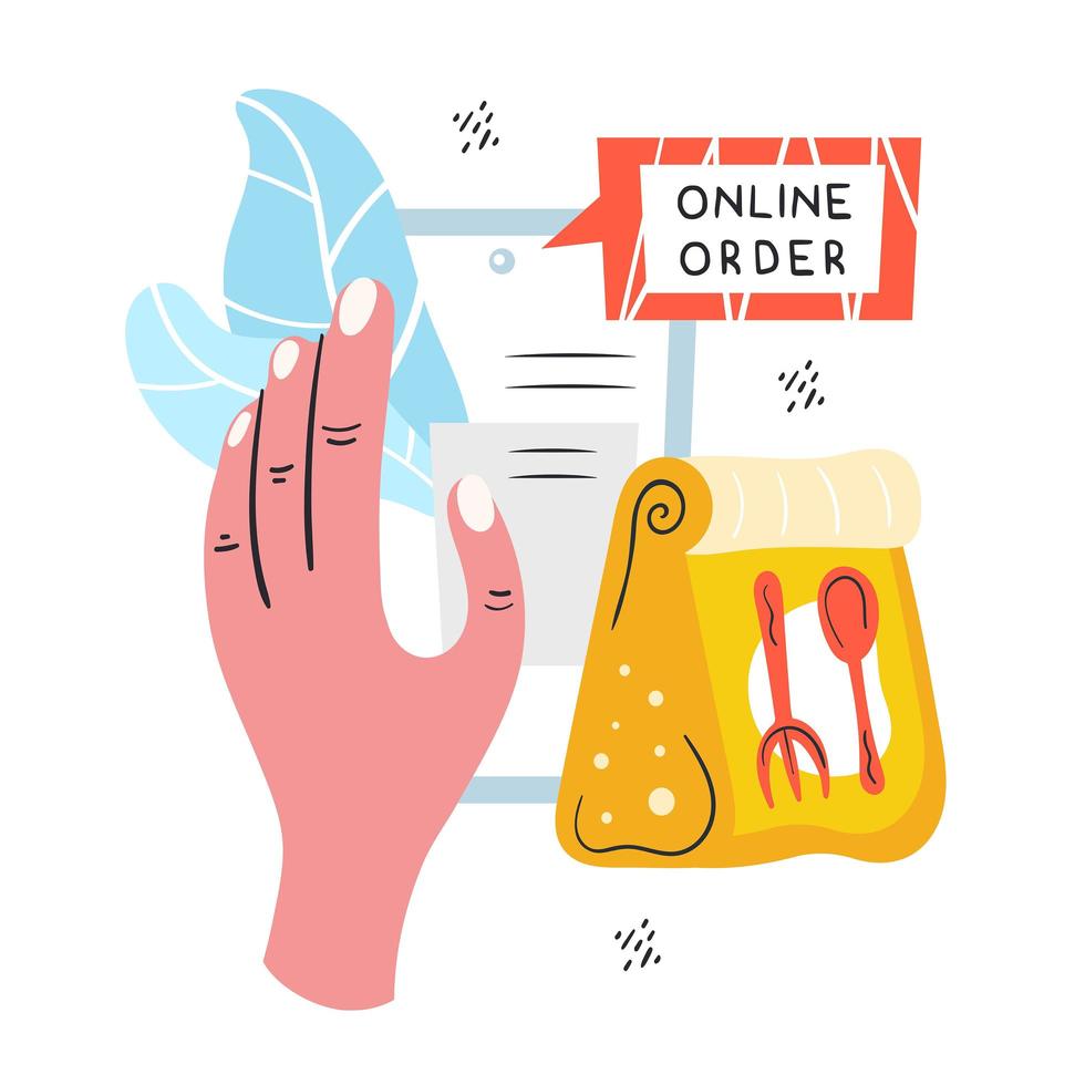 online bestelling hand met telefoon doodle vector