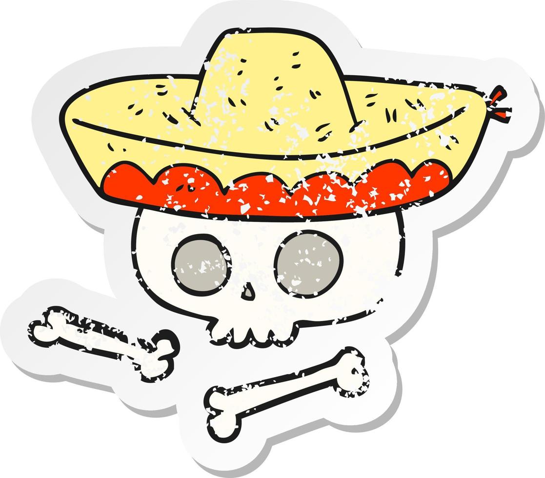 retro verontrust sticker van een tekenfilm schedel in Mexicaans hoed vector