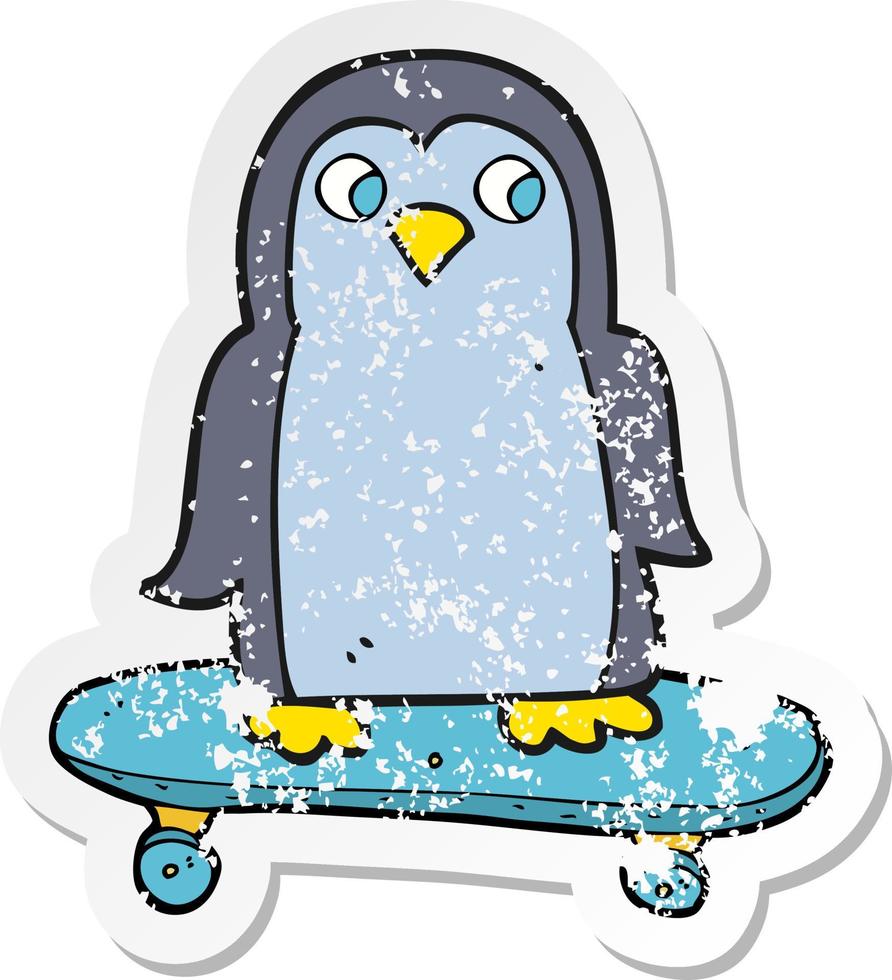 retro verontrust sticker van een tekenfilm pinguïn rijden skateboard vector