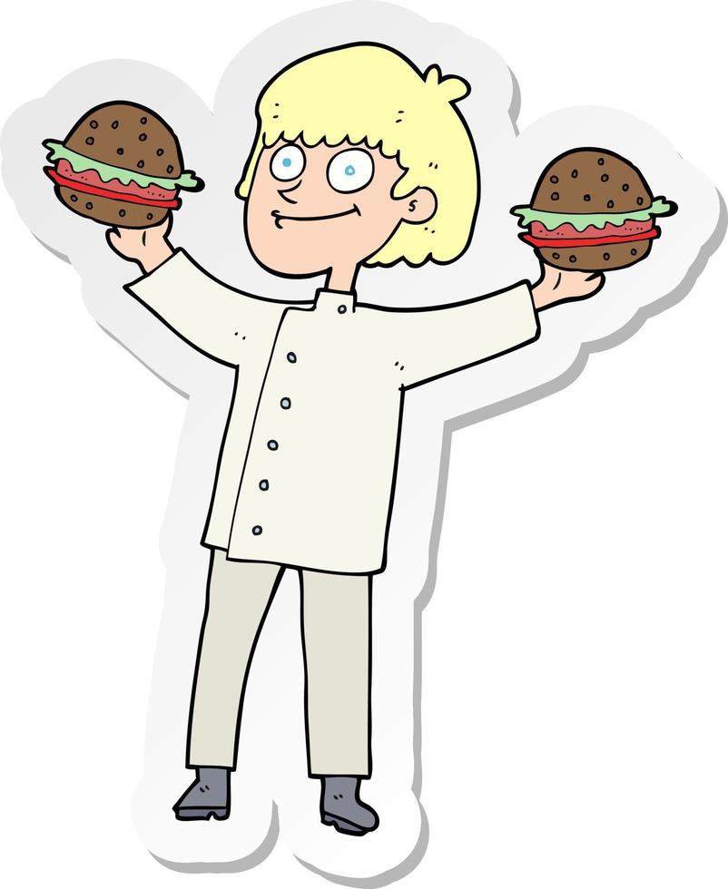 sticker van een tekenfilm chef met hamburgers vector