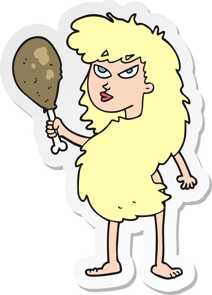 sticker van een tekenfilm cavewoman met vlees vector