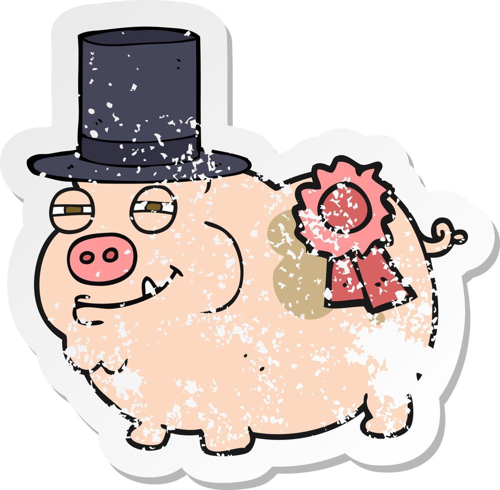 retro verontruste sticker van een cartoon prijswinnend varken vector