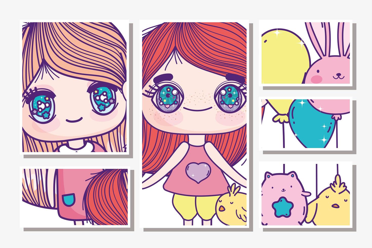 anime meisjes met dieren en ballonnen kaarten sjabloon vector