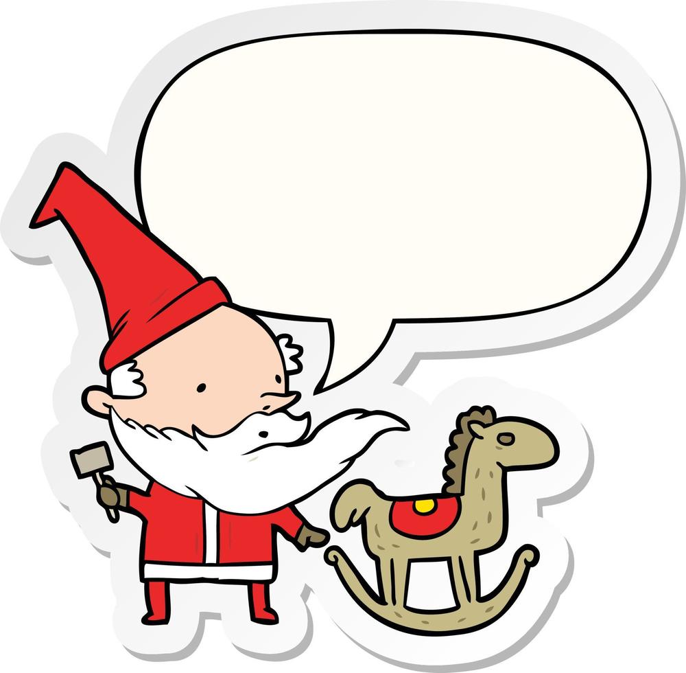 tekenfilm de kerstman of elf maken een schommelen paard en toespraak bubbel sticker vector