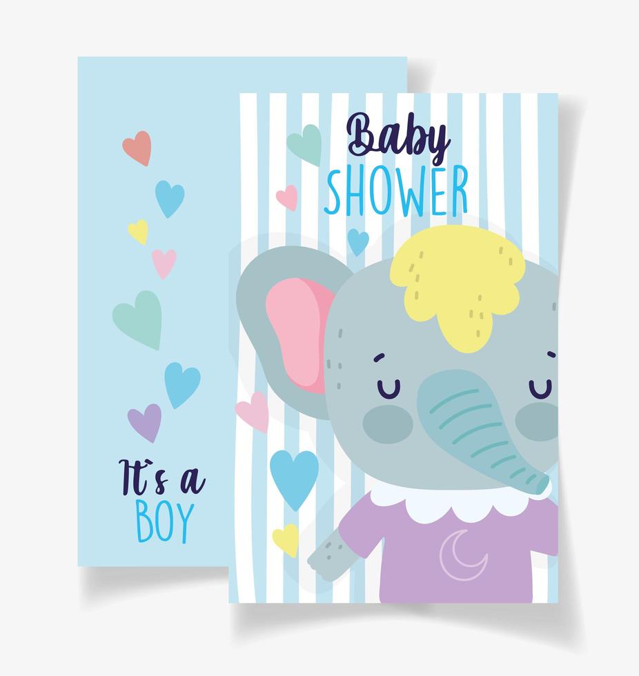 baby shower kaartsjabloon met schattige olifant jongen vector