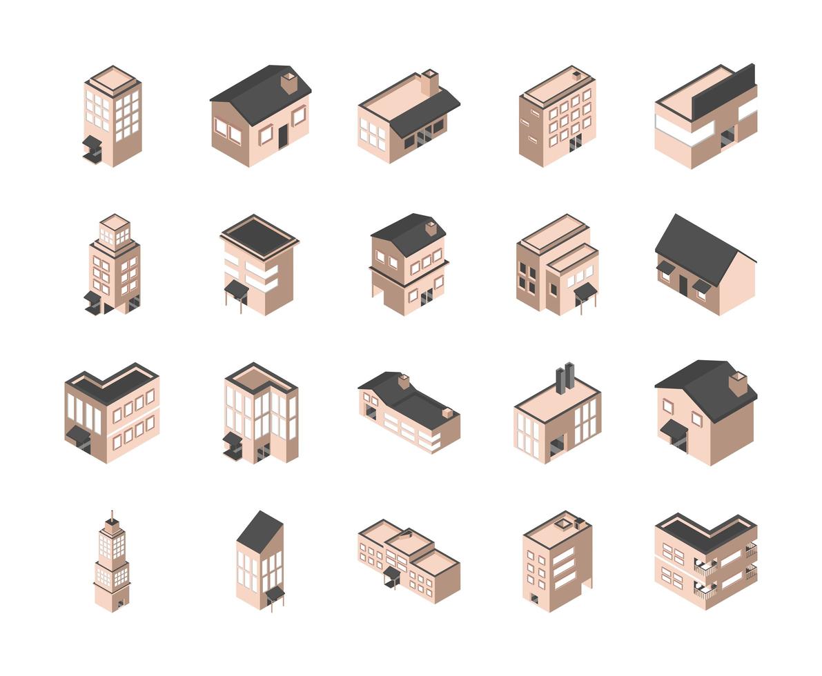 gebouwen en huizen isometrische icon set vector