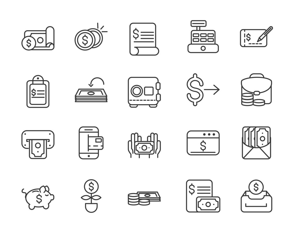 assortiment van economie en financiën dikke lijntekeningenpictogrammen vector