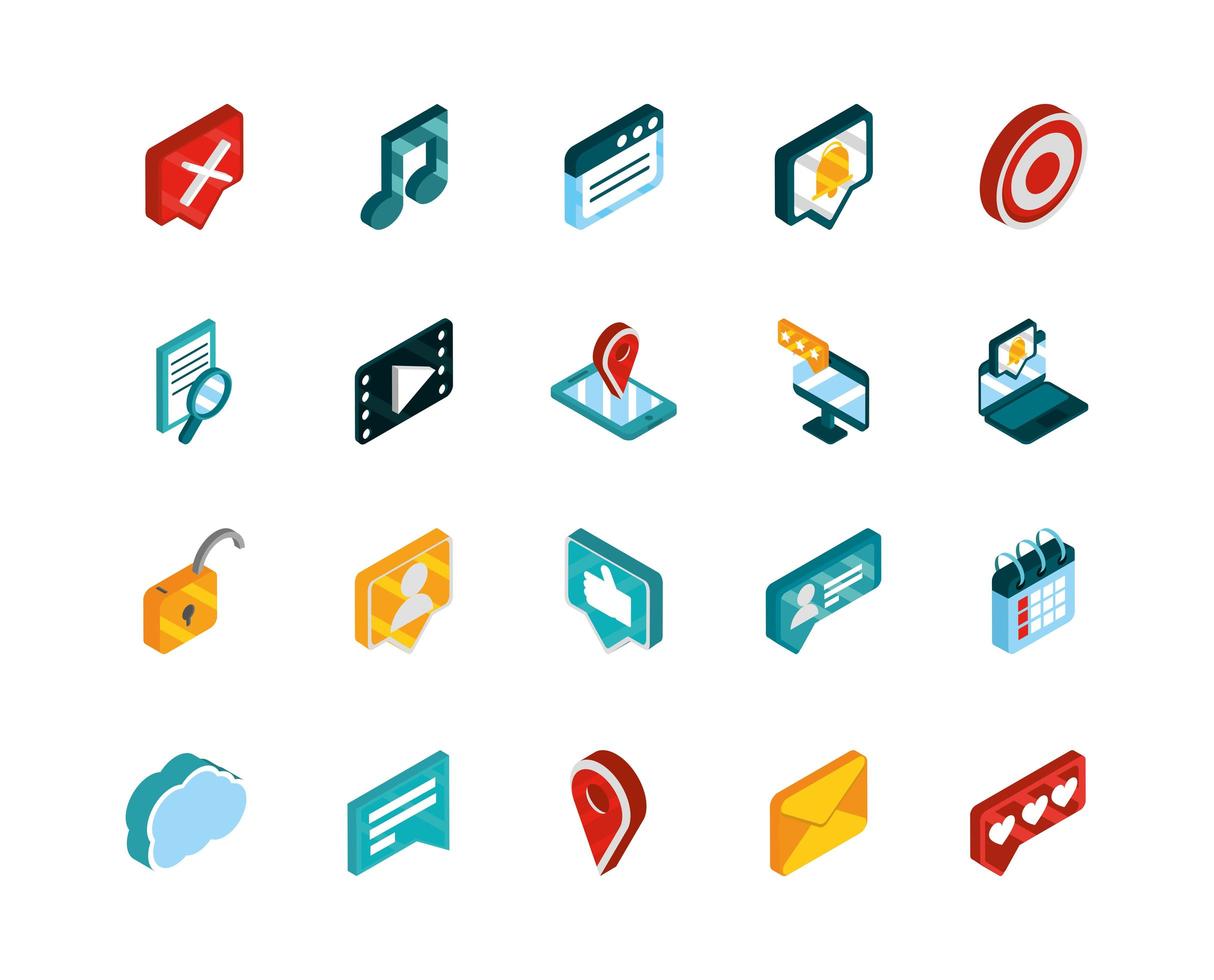 sociale media isometrische icon set pack vector