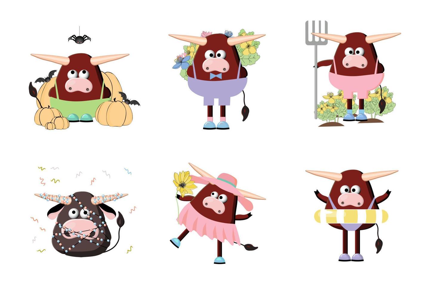 stier karakter, tekenfilm os. symbool van 2021. schattig os vector illustratie Aan een wit achtergrond. dier boerderij met hoorns karakter set.