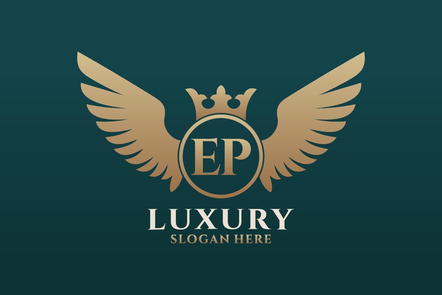 luxe Koninklijk vleugel brief ep kam goud kleur logo vector, zege logo, kam logo, vleugel logo, vector logo sjabloon.