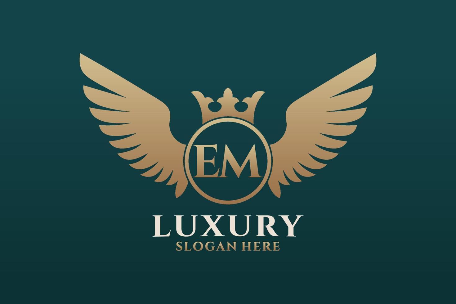 luxe Koninklijk vleugel brief em kam goud kleur logo vector, zege logo, kam logo, vleugel logo, vector logo sjabloon.