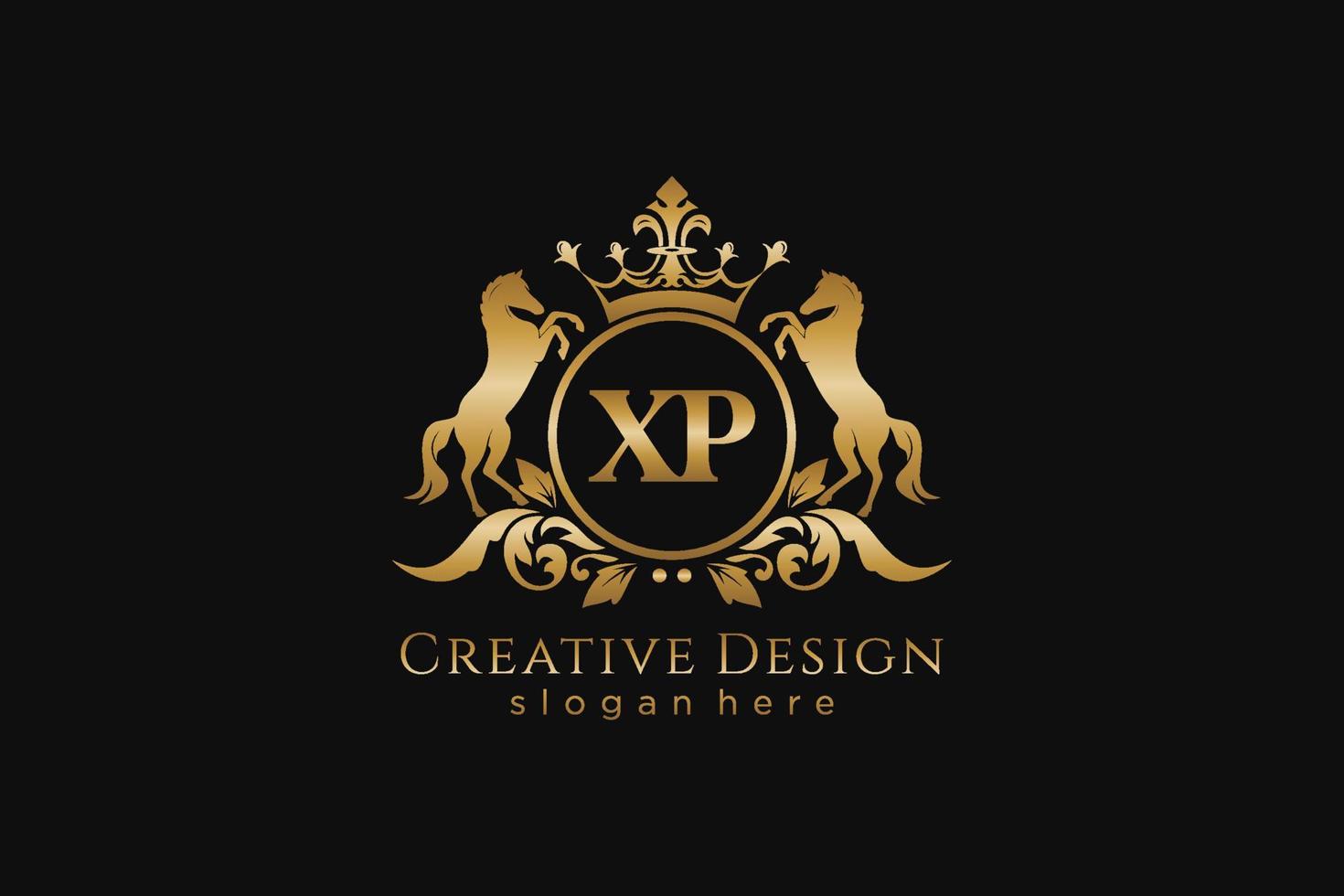 eerste xp retro gouden kam met cirkel en twee paarden, insigne sjabloon met scrollt en Koninklijk kroon - perfect voor luxueus branding projecten vector