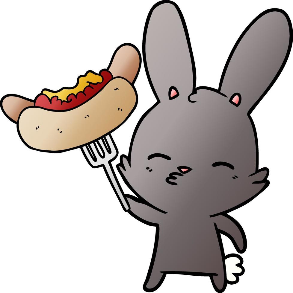 nieuwsgierig konijn tekenfilm met hotdog vector