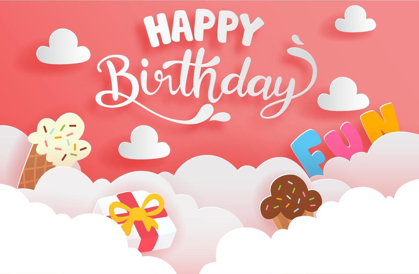 papier gesneden stijl gelukkige verjaardagskaart met cake en geschenkdoos vector