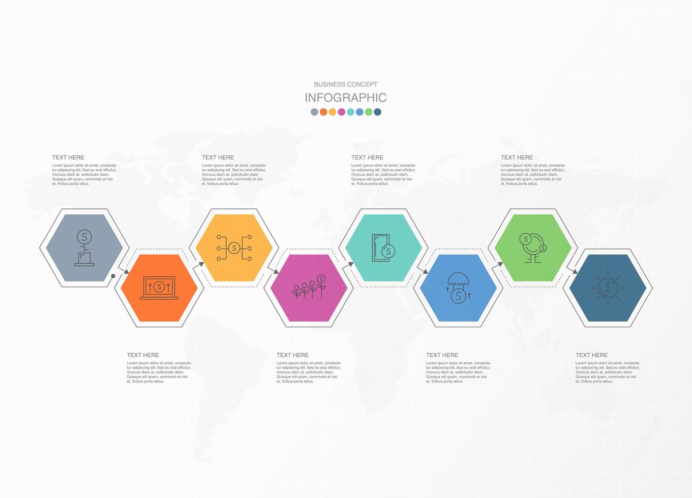 8 stappen kleurrijke verbonden zeshoek infographic vector