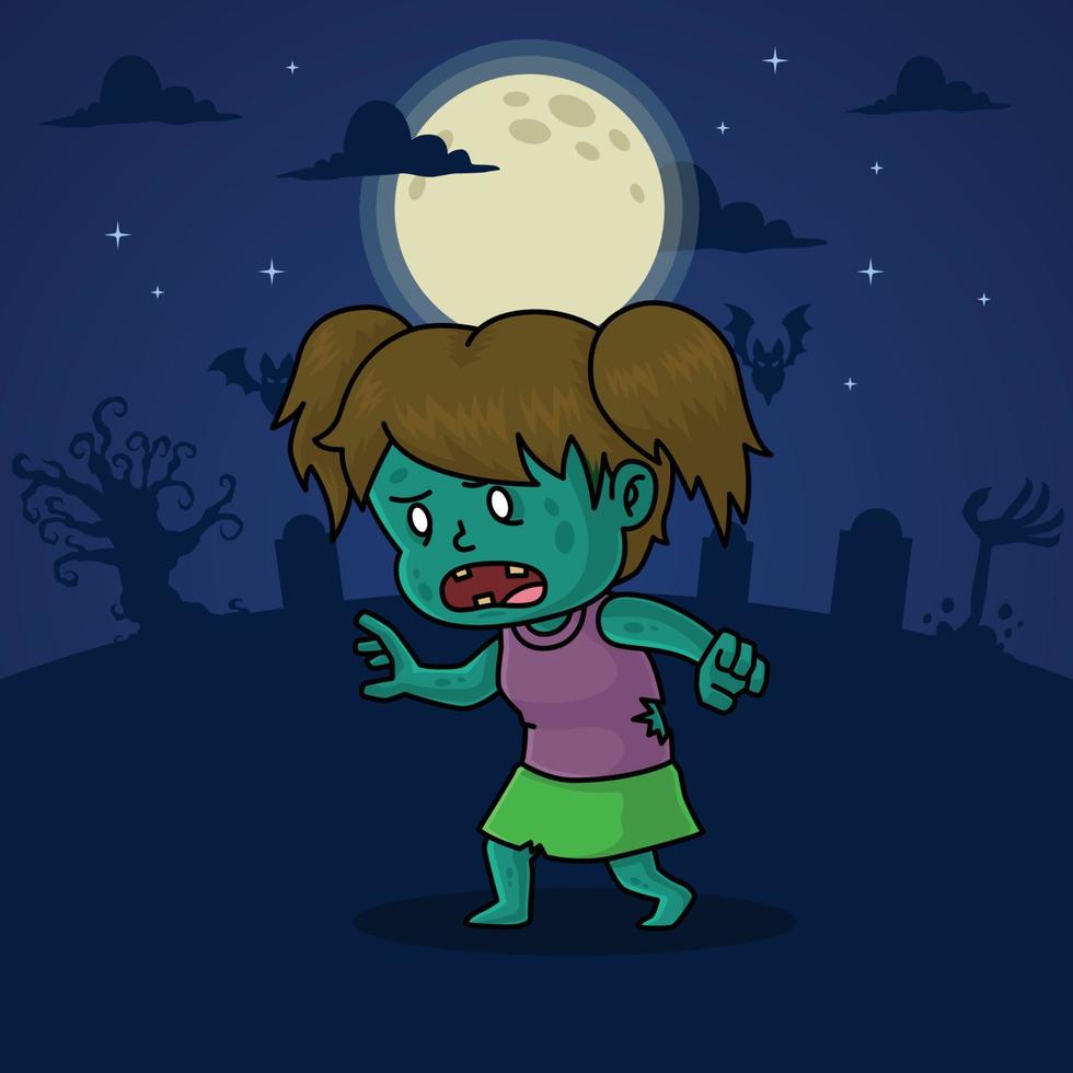 achtervolgd schattig tekenfilm vector zombie vrouw in halloween volle maan middernacht eng spookachtig