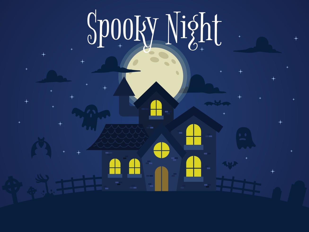 spookachtig achtervolgd huis volle maan halloween nacht begraafplaats geesten vector