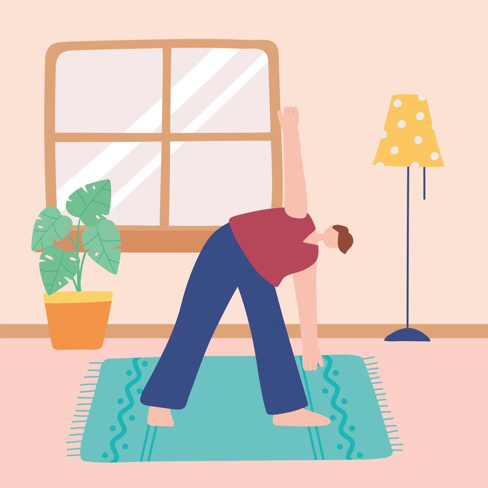 jongen beoefenen van yoga in de woonkamer vector