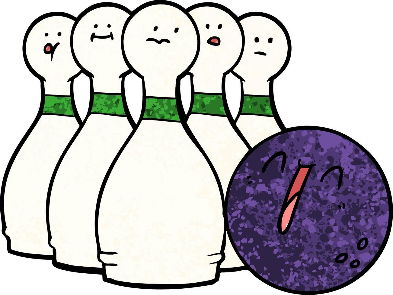 tekenfilm lachend bowling bal en pinnen vector