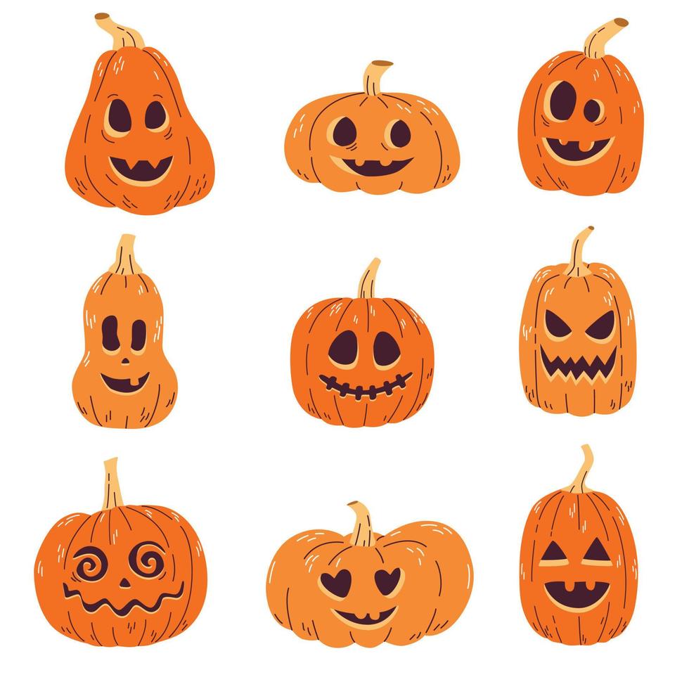 reeks oranje pompoen met grappig gezichten voor de vakantie halloween. vector illustratie.