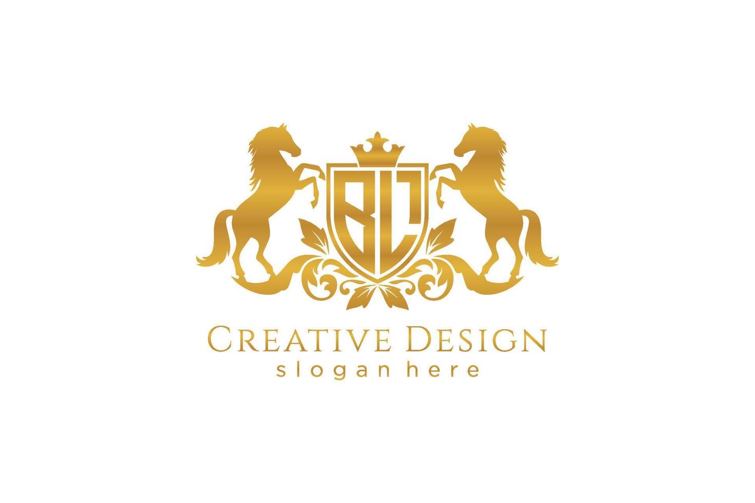 eerste bl retro gouden kam met schild en twee paarden, insigne sjabloon met scrollt en Koninklijk kroon - perfect voor luxueus branding projecten vector