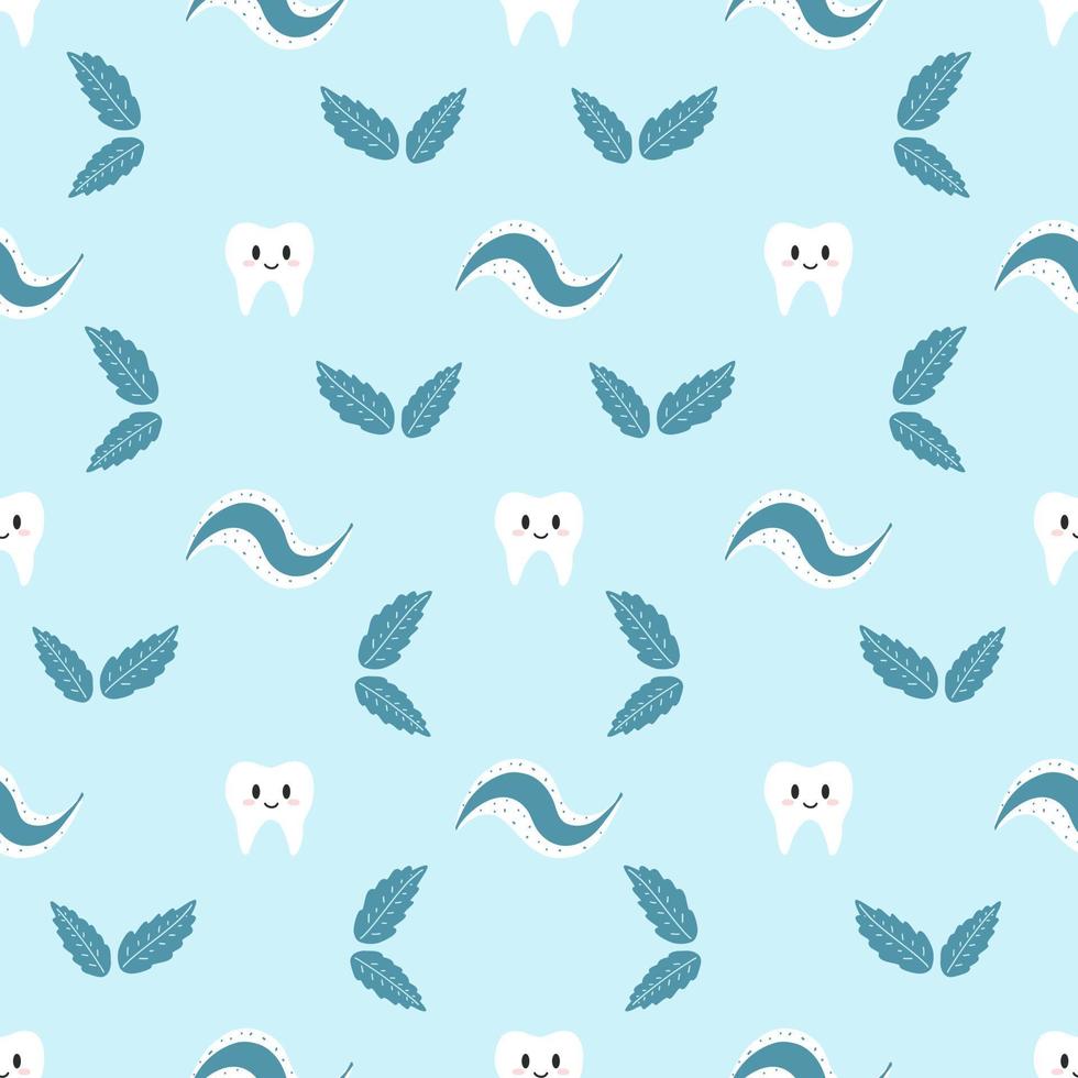 naadloos patroon met schattig kawaii gezond tand. vector illustratie van tekenfilm tanden Aan blauw achtergrond voor omhulsel papier, kleding stof afdrukken, omslag, kaart en web ontwerp