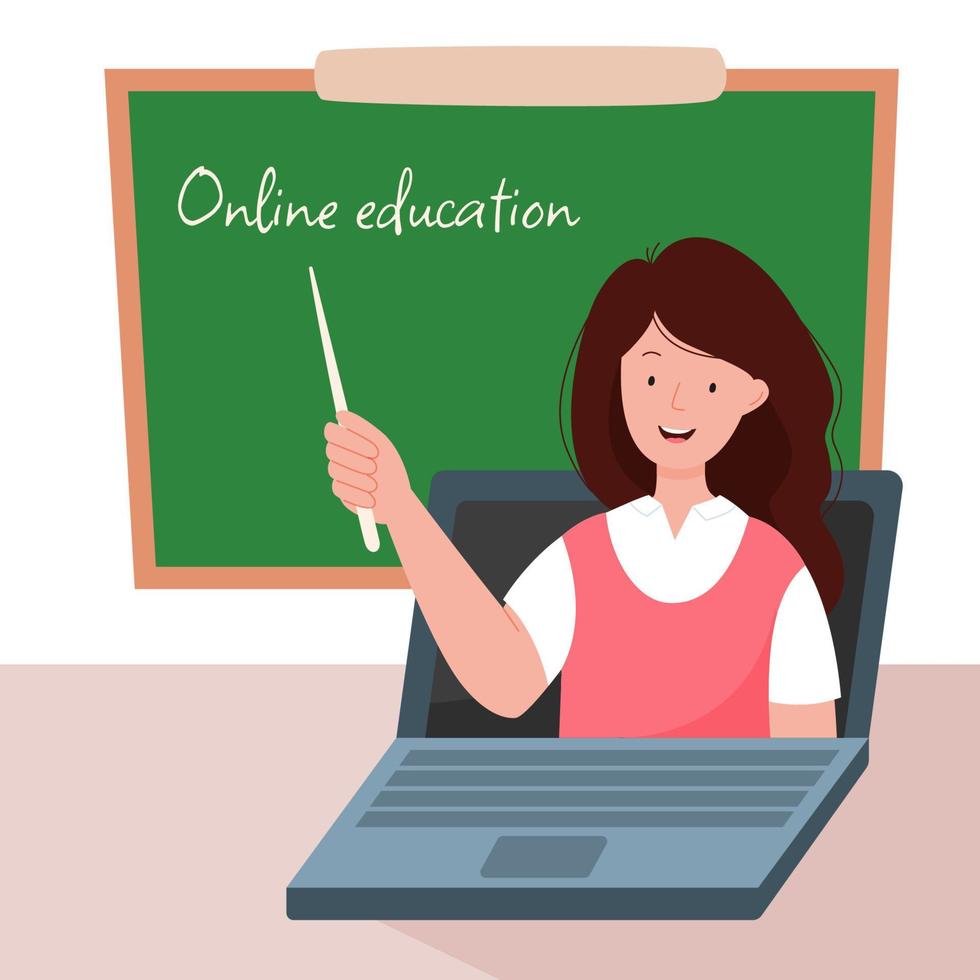 online onderwijs. de leraar Leidt een webinar in de klas. schattig vrouw tonen tekst Aan een schoolbord. vector