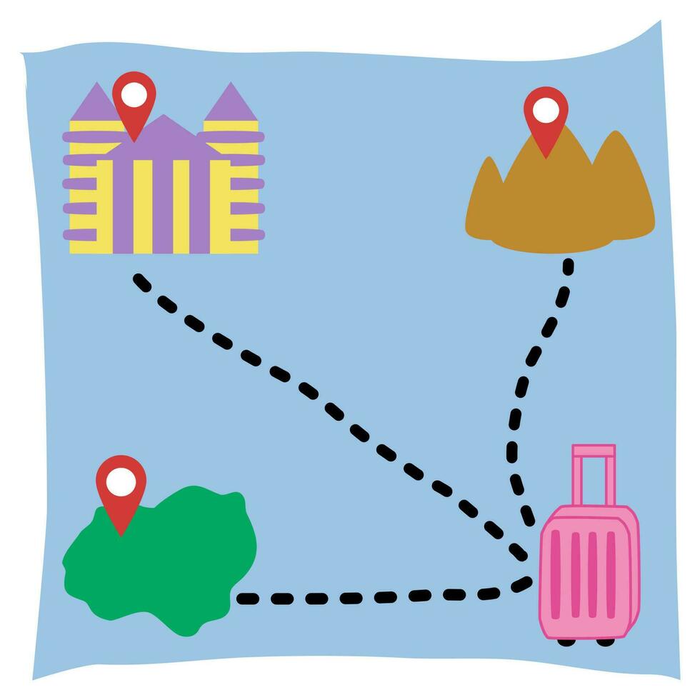reizen kaart met bagage met stippel lijnen naar bestemmingen berg icoon, stedelijk icoon en overzee icoon. vector