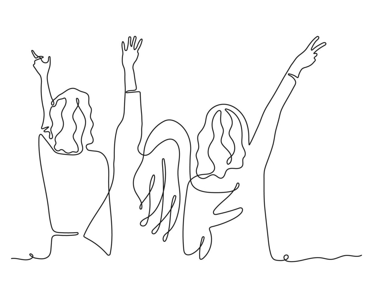 lijn kunst tekening groep van meisjes. handen omhoog. groep van applaus mensen, doorlopend een lijn vector illustratie. mensen staand Bij concert, ontmoeting. concept van gelukkig publiek.