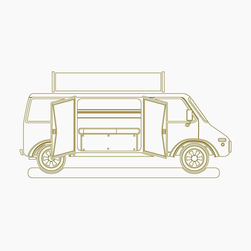 bewerkbare kant visie twee deuren mobiel voedsel vrachtauto vector illustratie met teken bord in schets stijl voor artwork element van voertuig of voedsel en drinken bedrijf verwant ontwerp