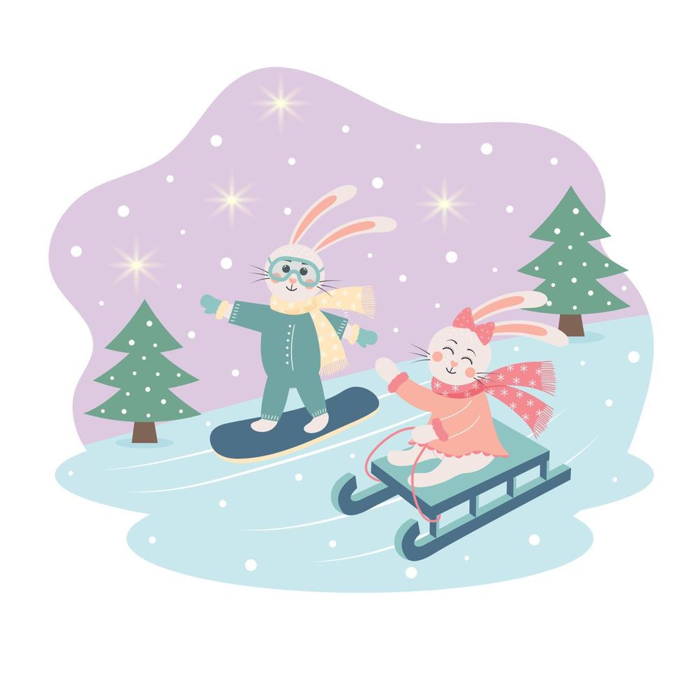 schattig konijntjes in warm kleren rodelen en snowboarden. winter groet kaart. vector