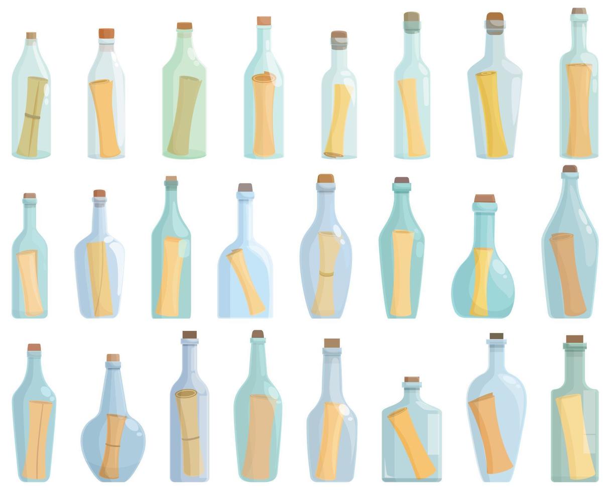 bericht in de fles pictogrammen reeks tekenfilm vector. papier kurk vector