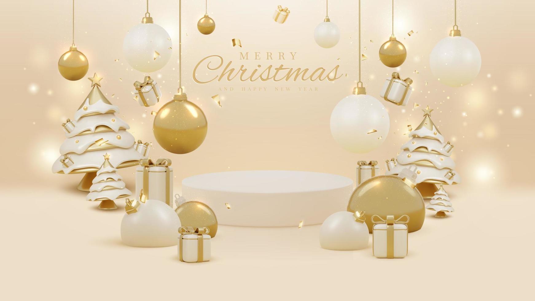 luxe achtergrond concept van gelukkig nieuw jaar en realistisch 3d vrolijk Kerstmis ornamenten. ruimte voor Product banier promoten. vector illustratie.