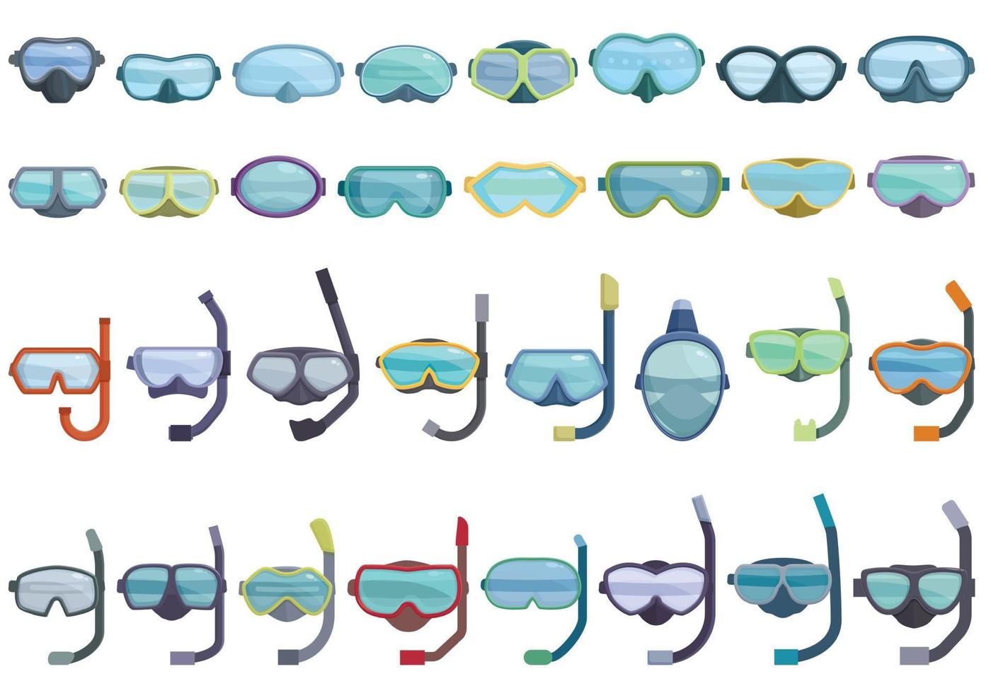duiken masker pictogrammen reeks tekenfilm vector. duiken zwemmen vector