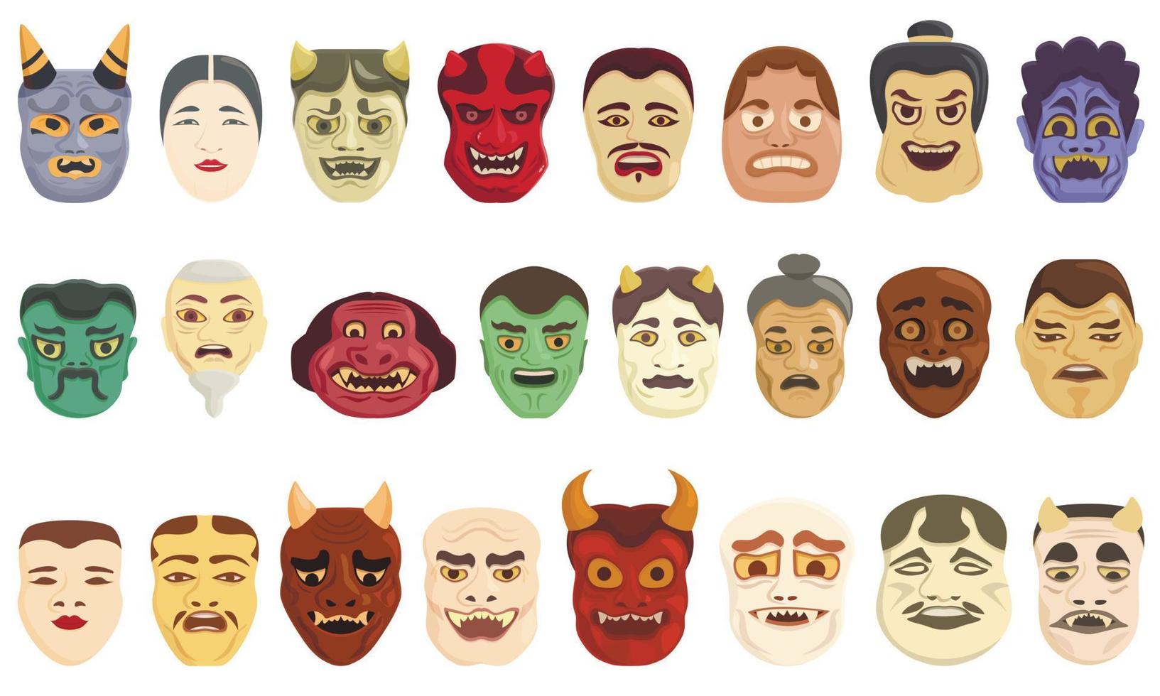 Japans nee masker pictogrammen reeks tekenfilm vector. boos Aziatisch vector