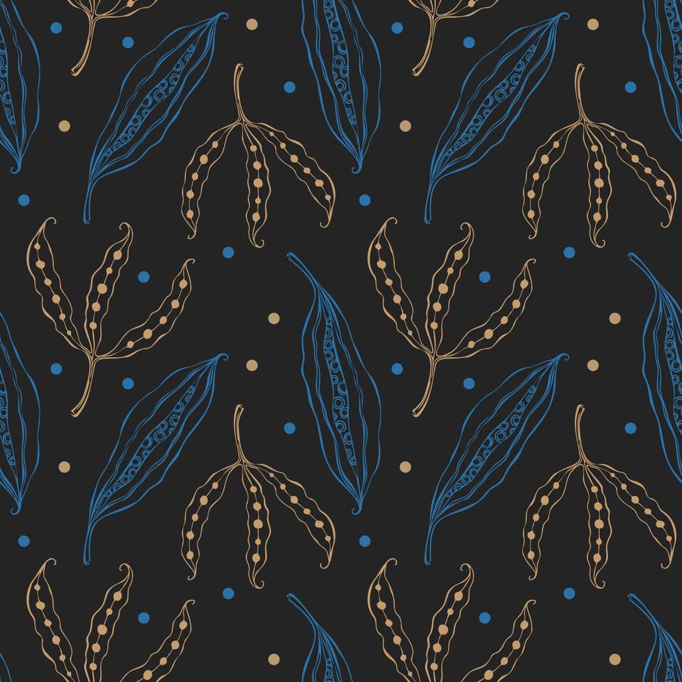 patroon luxe peulen zaden herfst tekening blauw en goud kleur Aan donker achtergrond. vector