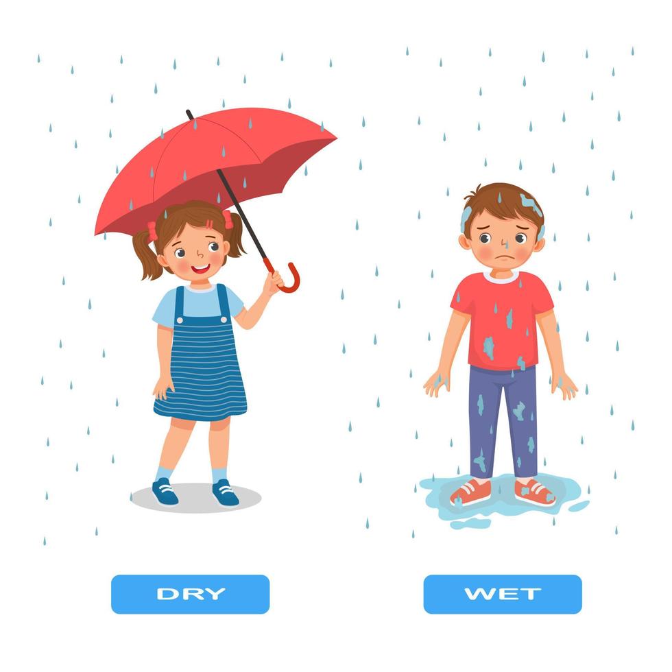 tegenover bijvoeglijk naamwoord antoniem woorden nat en droog illustratie van weinig meisje met paraplu en jongen onder de regen uitleg geheugenkaart met tekst etiket vector