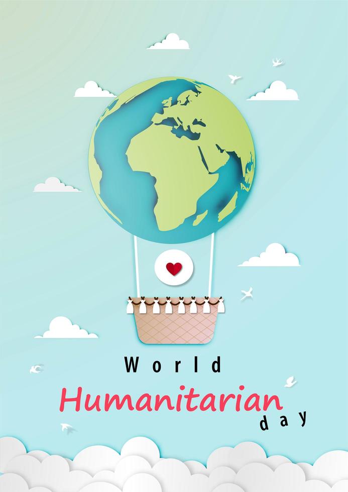 papier kunst wereld humanitaire dag ontwerp met planeetballon vector