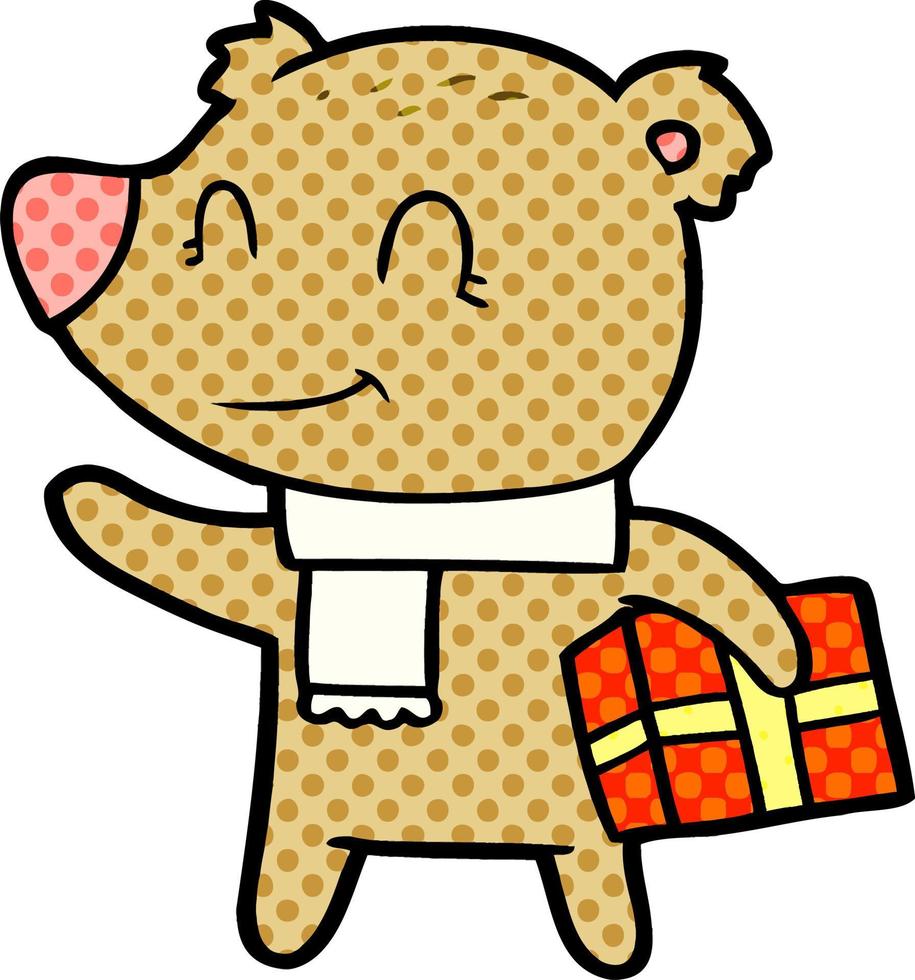 vriendelijk beer met Kerstmis geschenk en sjaal vector