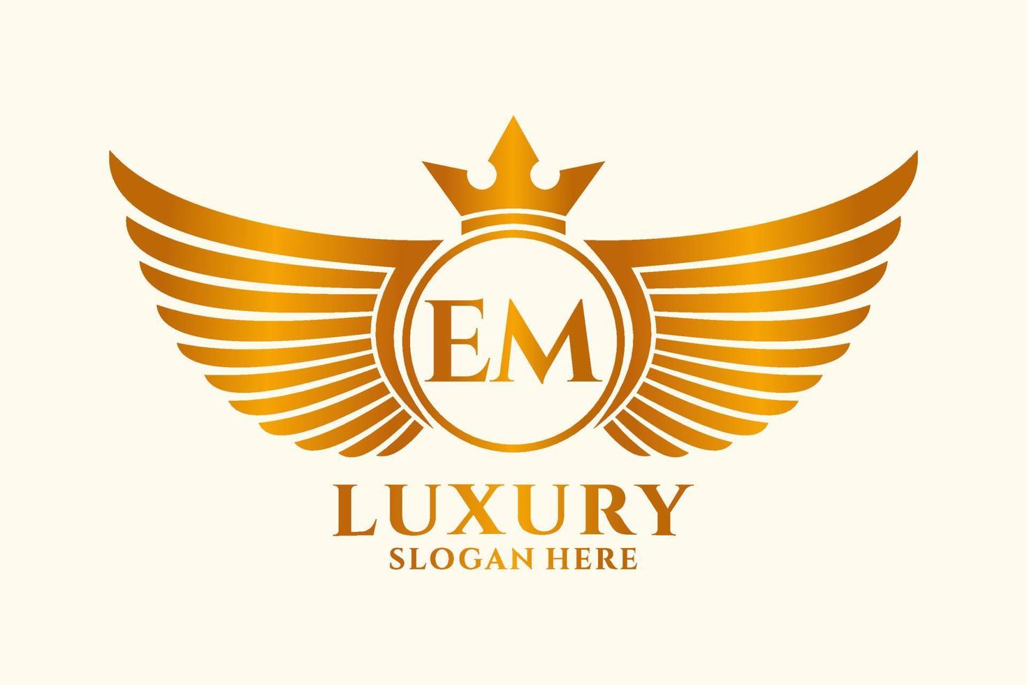 luxe Koninklijk vleugel brief em kam goud kleur logo vector, zege logo, kam logo, vleugel logo, vector logo sjabloon.