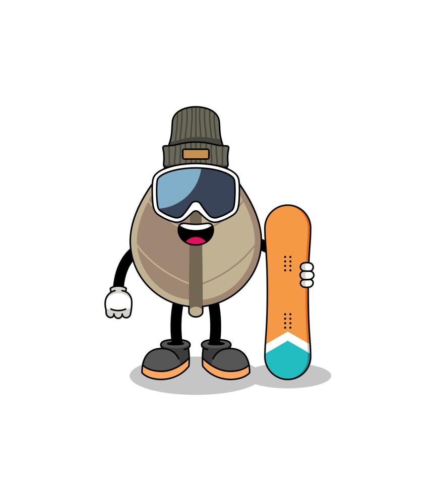mascotte tekenfilm van droog blad snowboard speler vector