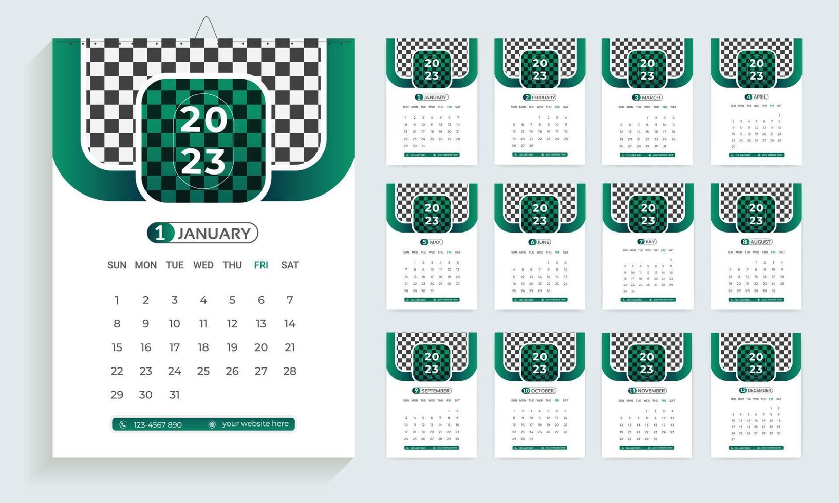 2023 kalender ontwerp sjabloon, ontwerper in modern schoon stijl, bedrijf of kantoor kalender. Engels muur kalender lay-out voor de nieuw jaar. vector