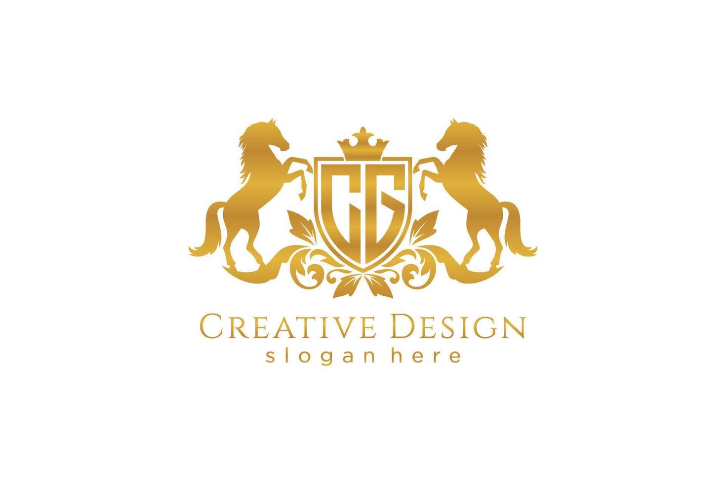 eerste cg retro gouden kam met schild en twee paarden, insigne sjabloon met scrollt en Koninklijk kroon - perfect voor luxueus branding projecten vector