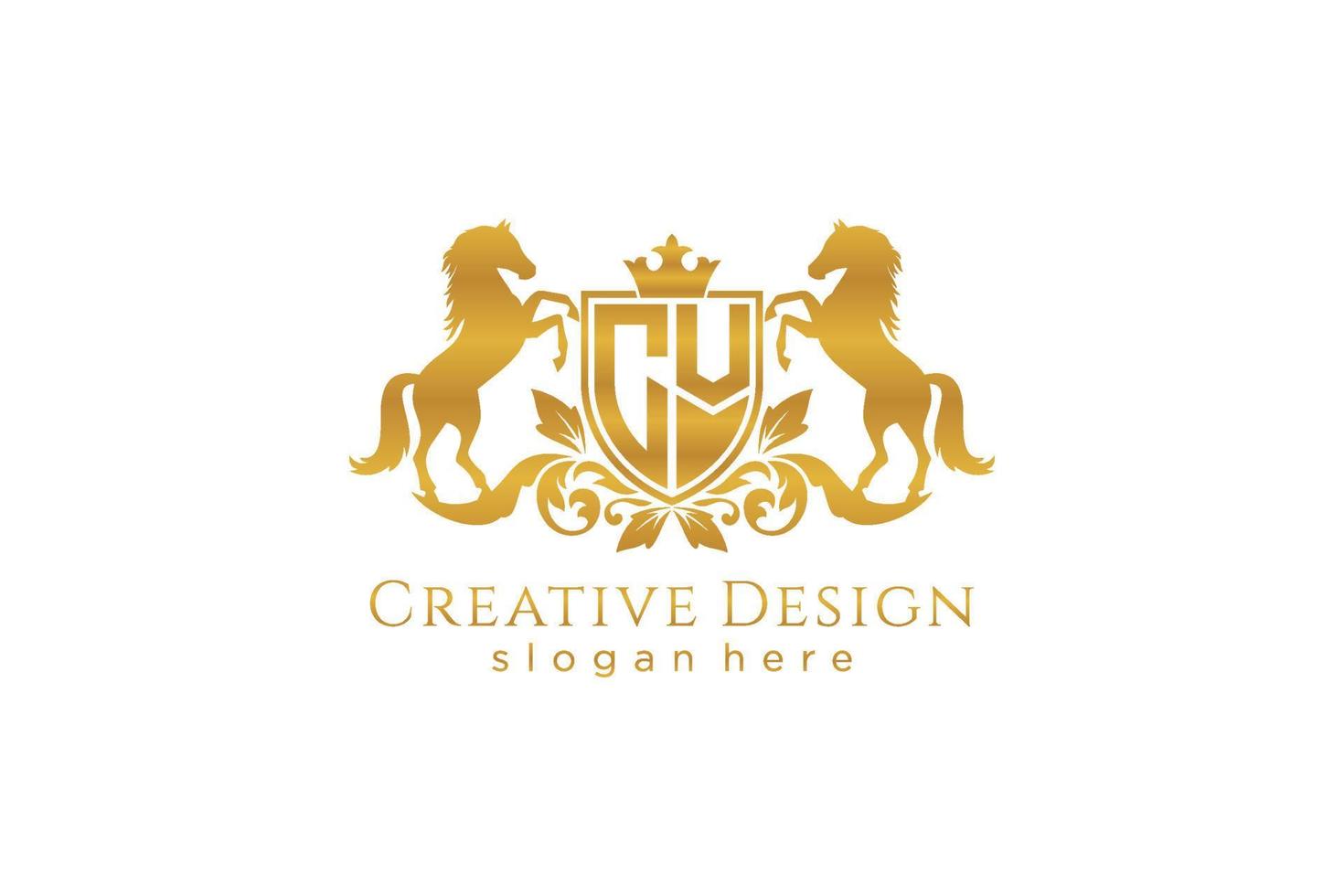 eerste CV retro gouden kam met schild en twee paarden, insigne sjabloon met scrollt en Koninklijk kroon - perfect voor luxueus branding projecten vector