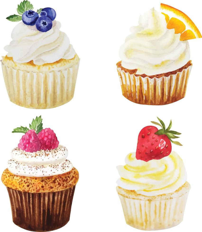 waterverf illustratie van zoet cupcakes met fruit vector
