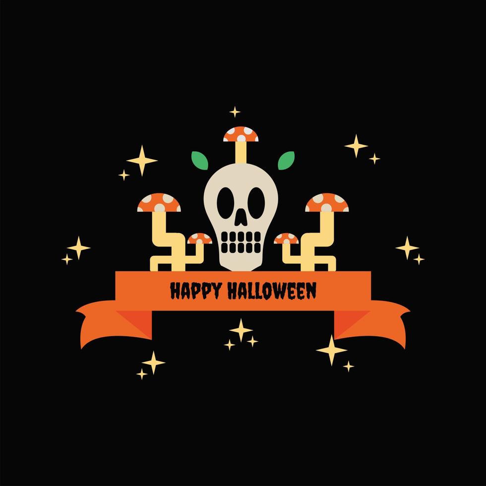 gelukkig halloween groet kaart Aan zwart achtergrond en illustratie van schedel en paddestoel in wijnoogst stijl vector