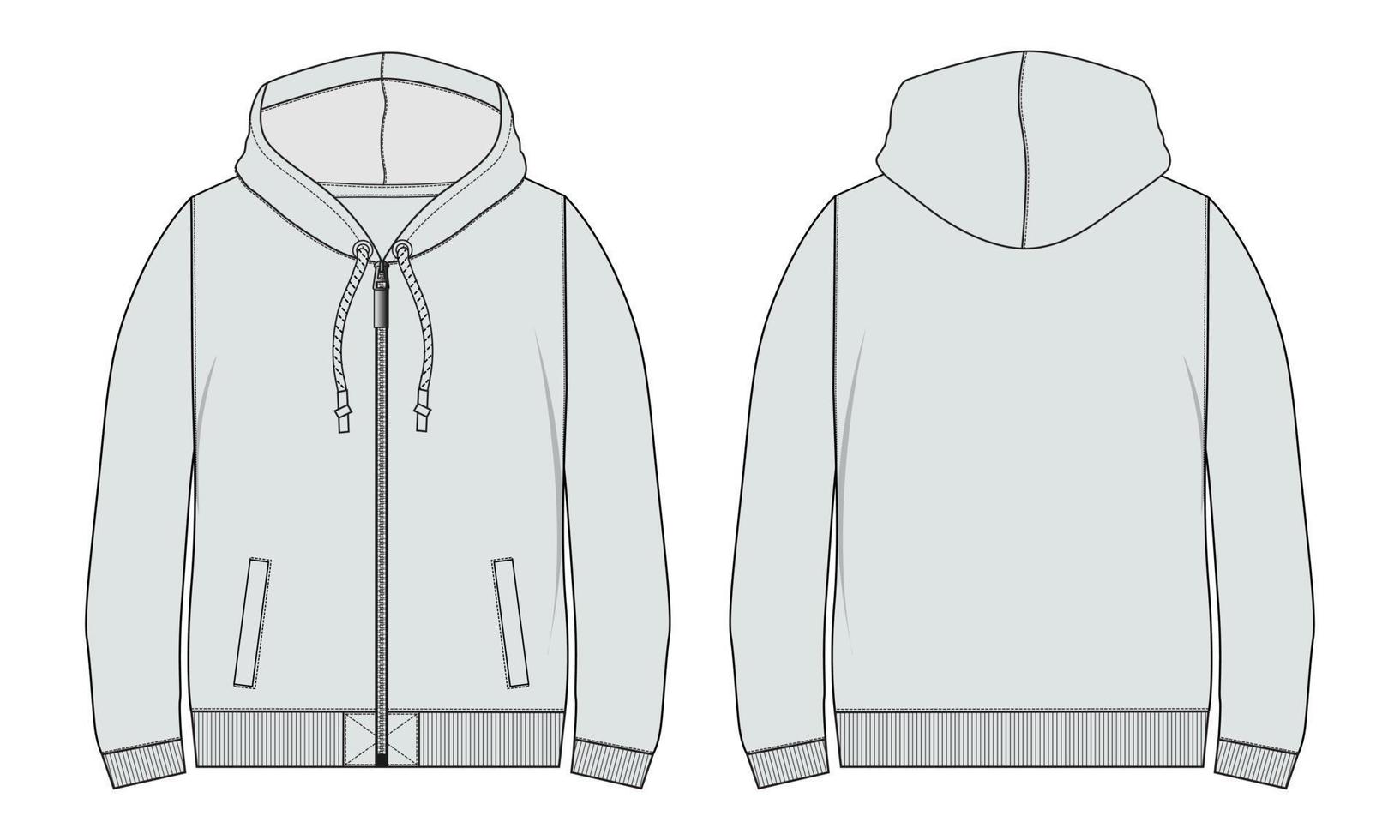 lange mouw hoodie technische mode platte schets vector illustratie sjabloon voor- en achterkant uitzicht.